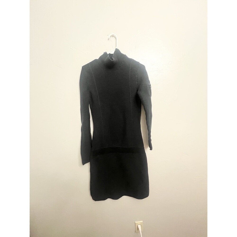Athleta Ribbed Black Solid Sweater Dress Knee Length Mock Neck Organic Cotton M
